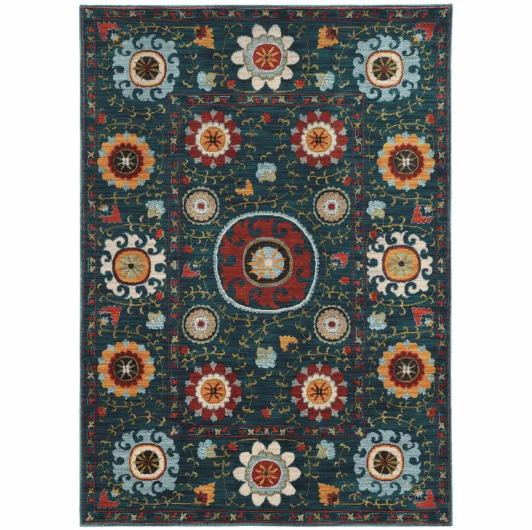 Teal Blue Rust Gold And Ivory Floral Power Loom Stain Resistant Area Rug Photo 1