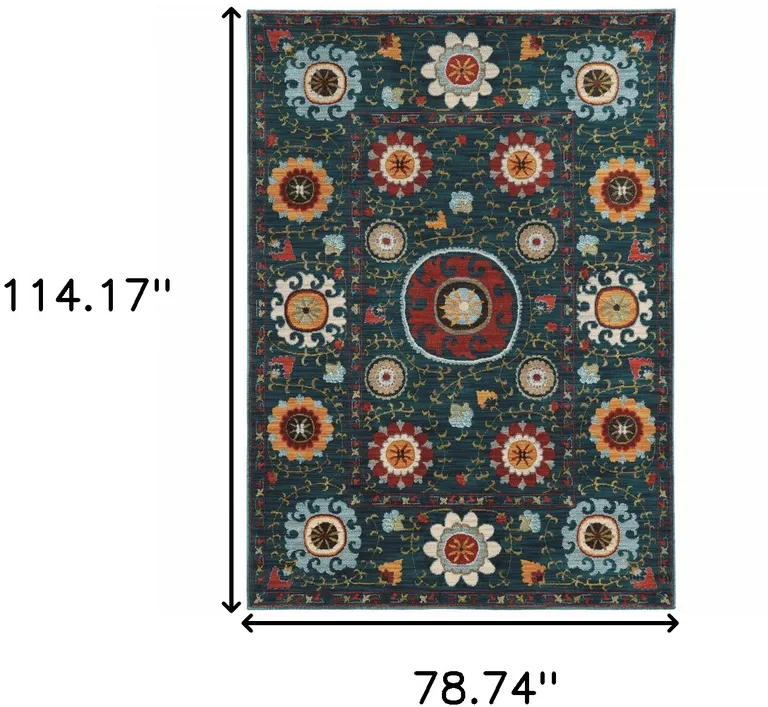 Teal Blue Rust Gold And Ivory Floral Power Loom Stain Resistant Area Rug Photo 5