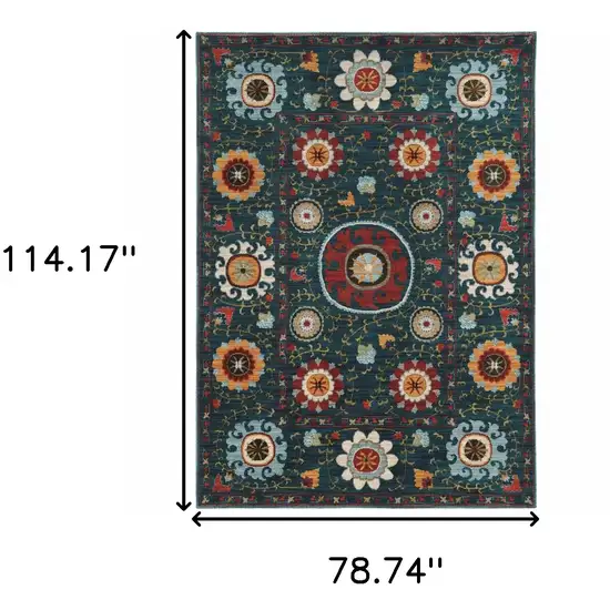 Teal Blue Rust Gold And Ivory Floral Power Loom Stain Resistant Area Rug Photo 5