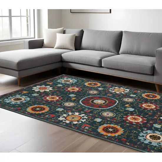 Teal Blue Floral Power Loom Area Rug Photo 1