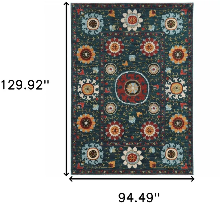 Teal Blue Rust Gold And Ivory Floral Power Loom Stain Resistant Area Rug Photo 5