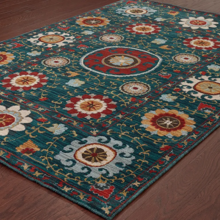 Teal Blue Rust Gold And Ivory Floral Power Loom Stain Resistant Area Rug Photo 4