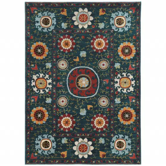 Teal Blue Rust Gold And Ivory Floral Power Loom Stain Resistant Area Rug Photo 1