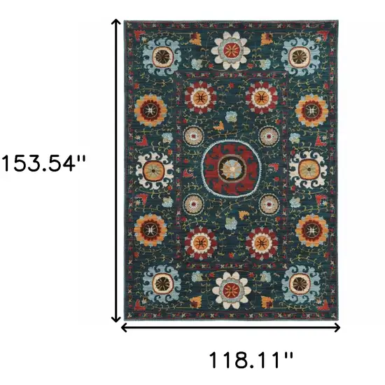 Teal Blue Rust Gold And Ivory Floral Power Loom Stain Resistant Area Rug Photo 5