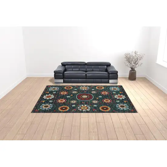 Teal Blue Rust Gold And Ivory Floral Power Loom Stain Resistant Area Rug Photo 2