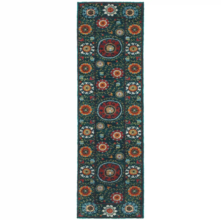 Teal Blue Rust Gold And Ivory Floral Power Loom Stain Resistant Runner Rug Photo 1