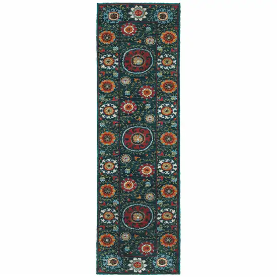 Teal Blue Rust Gold And Ivory Floral Power Loom Stain Resistant Runner Rug Photo 1