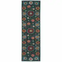 Photo of Teal Blue Rust Gold And Ivory Floral Power Loom Stain Resistant Runner Rug