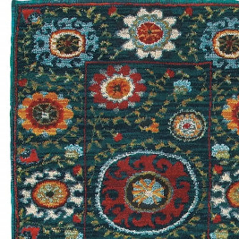 Teal Blue Rust Gold And Ivory Floral Power Loom Stain Resistant Runner Rug Photo 3