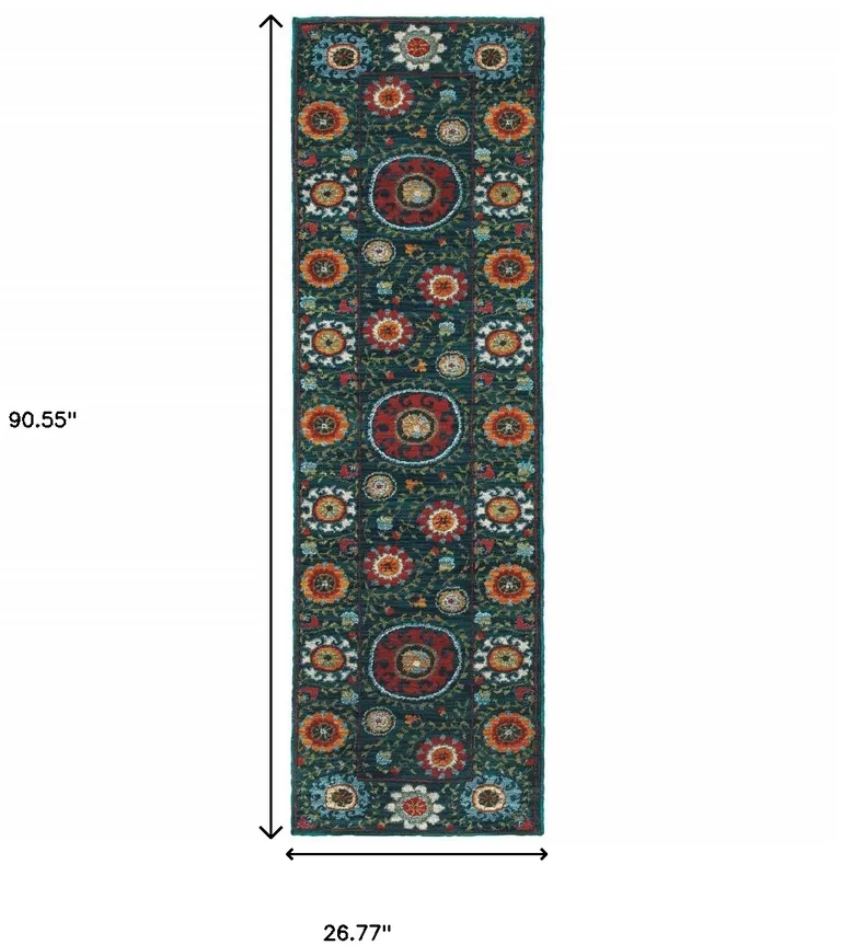 Teal Blue Rust Gold And Ivory Floral Power Loom Stain Resistant Runner Rug Photo 5