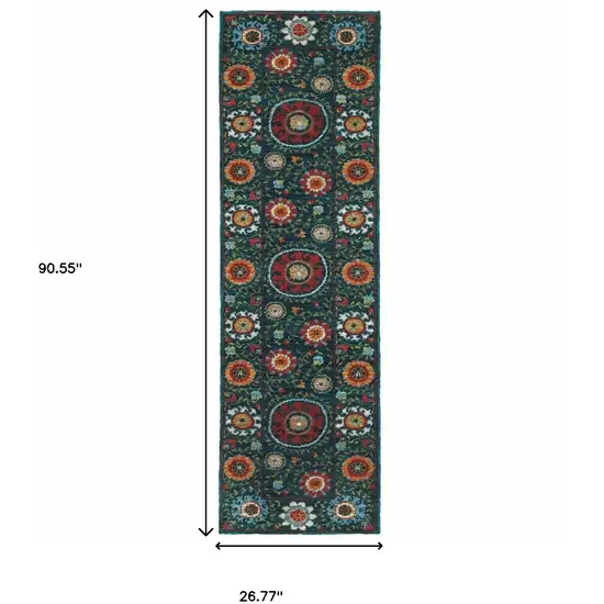 Teal Blue Rust Gold And Ivory Floral Power Loom Stain Resistant Runner Rug Photo 5