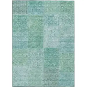 Photo of Teal Blue Sage And Green Patchwork Washable Indoor Outdoor Area Rug