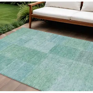 Photo of Teal Blue Sage And Green Patchwork Washable Indoor Outdoor Area Rug