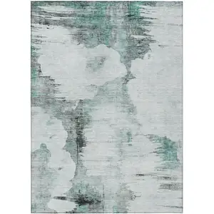 Photo of Teal Blue Silver And Gray Abstract Washable Indoor Outdoor Area Rug