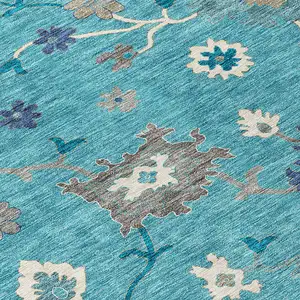 Photo of Teal Blue Silver And Gray Floral Washable Indoor Outdoor Area Rug