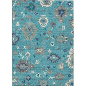 Photo of Teal Blue Silver And Gray Floral Washable Indoor Outdoor Area Rug