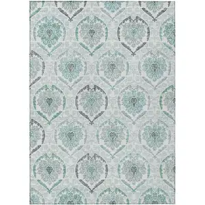 Photo of Teal Blue Silver And Gray Medallion Washable Indoor Outdoor Area Rug