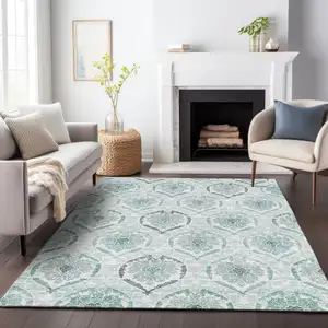 Photo of Teal Blue Silver And Gray Medallion Washable Indoor Outdoor Area Rug