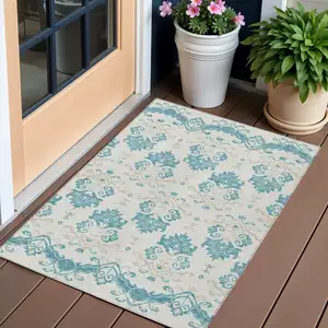 Photo of Teal Blue Silver And Gray Oriental Washable Indoor Outdoor Area Rug