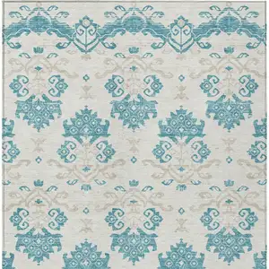 Photo of Teal Blue Silver And Gray Oriental Washable Indoor Outdoor Area Rug