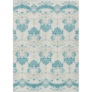 Photo of Teal Blue Silver And Gray Oriental Washable Indoor Outdoor Area Rug