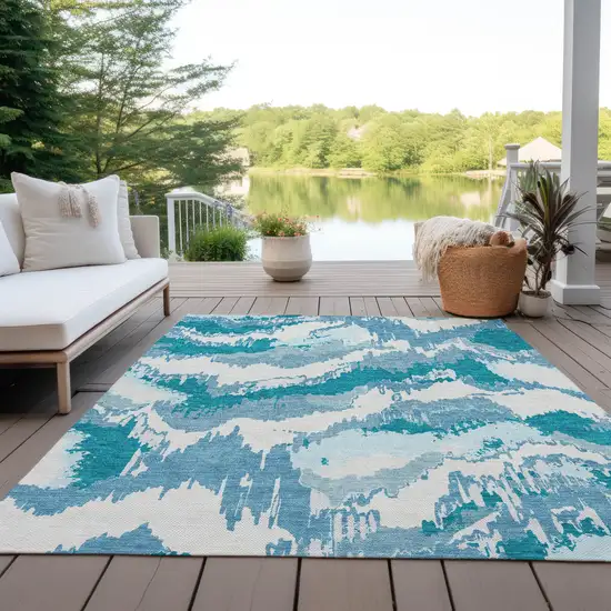 Teal Blue Sky Blue And Aqua Abstract Washable Indoor Outdoor Area Rug Photo 8