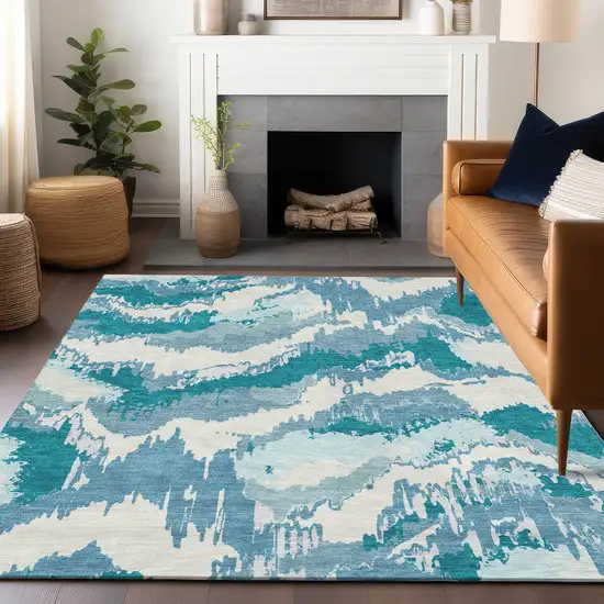 Teal Blue Sky Blue And Aqua Abstract Washable Indoor Outdoor Area Rug Photo 9