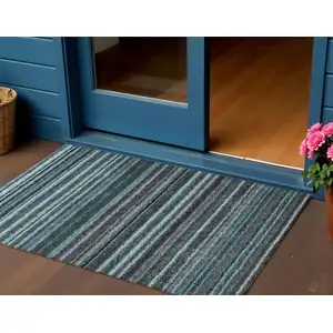 Photo of Teal Blue Sky Blue And Gray Striped Washable Indoor Outdoor Area Rug