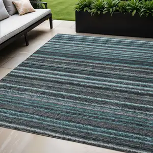 Photo of Teal Blue Sky Blue And Gray Striped Washable Indoor Outdoor Area Rug