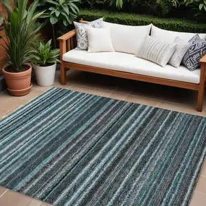 Photo of Teal Blue Sky Blue And Gray Striped Washable Indoor Outdoor Area Rug