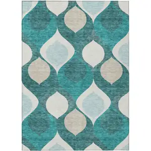 Photo of Teal Blue Sky Blue And Ivory Ogee Washable Indoor Outdoor Area Rug