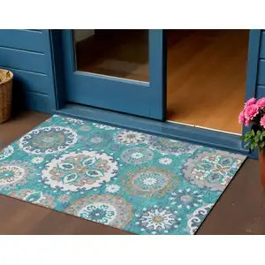 Photo of Teal Blue Taupe And Gray Floral Medallion Washable Indoor Outdoor Area Rug