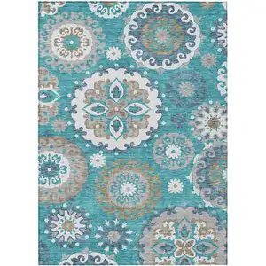 Photo of Teal Blue Taupe And Gray Floral Medallion Washable Indoor Outdoor Area Rug