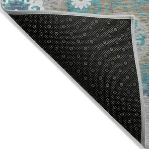 Photo of Teal Blue Taupe And Gray Floral Medallion Washable Indoor Outdoor Area Rug