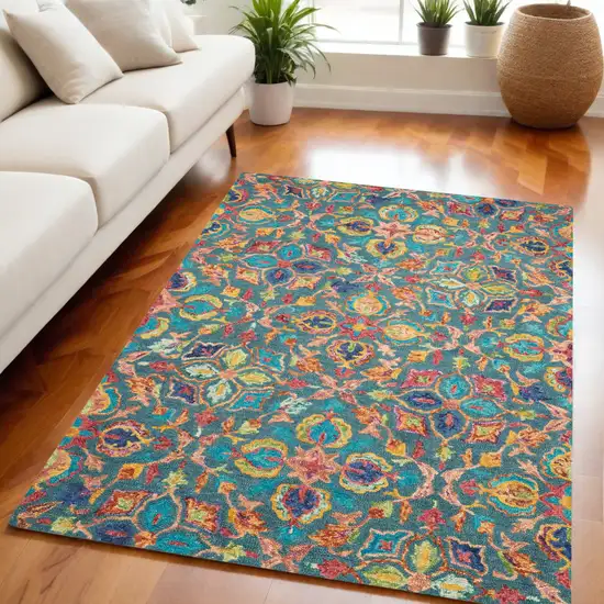 Teal Blue Yellow And Red Wool Floral Hand Tufted Area Rug Photo 1