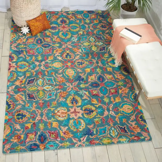 Teal Blue Yellow And Red Wool Floral Hand Tufted Area Rug Photo 8