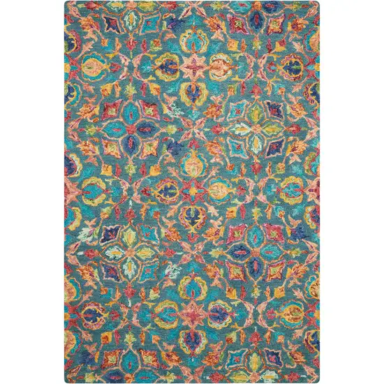 Teal Blue Yellow And Red Wool Floral Hand Tufted Area Rug Photo 2