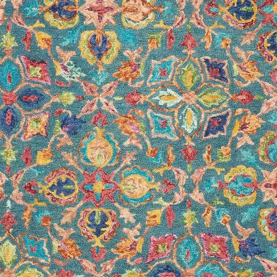 Teal Blue Yellow And Red Wool Floral Hand Tufted Area Rug Photo 6