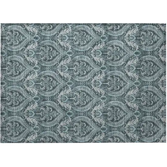 Teal Damask Washable Non Skid Indoor Outdoor Area Rug Photo 4