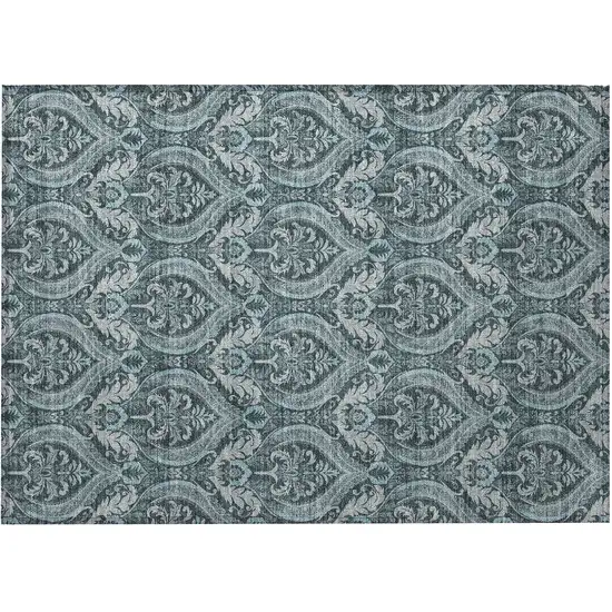 Teal Damask Washable Non Skid Indoor Outdoor Area Rug Photo 5