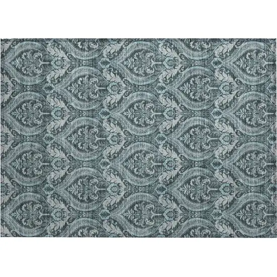 Teal Damask Washable Non Skid Indoor Outdoor Area Rug Photo 2