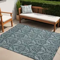 Photo of Teal Damask Washable Non Skid Indoor Outdoor Area Rug