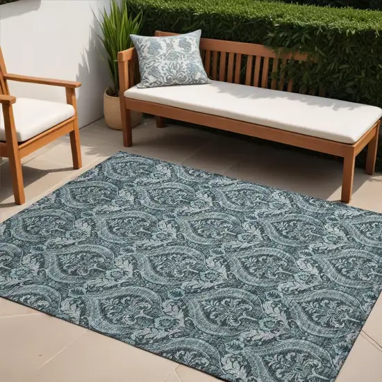 Teal Damask Washable Non Skid Indoor Outdoor Area Rug Photo 1