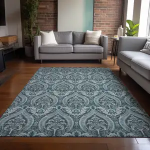 Photo of Teal Damask Washable Non Skid Indoor Outdoor Area Rug