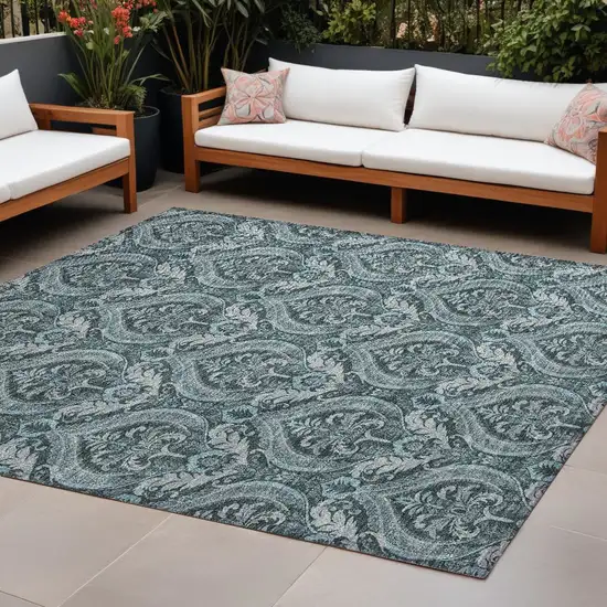 Teal Damask Washable Non Skid Indoor Outdoor Area Rug Photo 1