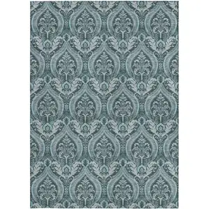 Photo of Teal Damask Washable Non Skid Indoor Outdoor Area Rug