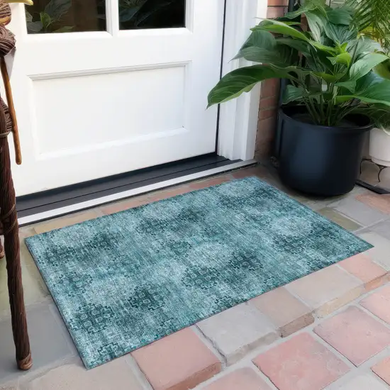 Teal Floral Medallion Washable Non Skid Indoor Outdoor Area Rug Photo 8