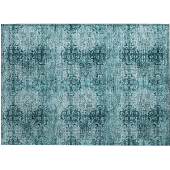 Teal Floral Medallion Washable Non Skid Indoor Outdoor Area Rug Photo 1