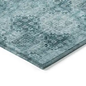 Photo of Teal Floral Medallion Washable Non Skid Indoor Outdoor Area Rug