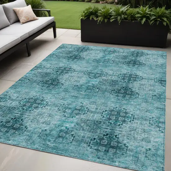 Teal Floral Medallion Washable Non Skid Indoor Outdoor Area Rug Photo 2